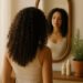 imagen generada por IA de una mujer con cabello rizado observando su reflejo en un espejo, para desmitificar que el cabello rizado crece mas lento