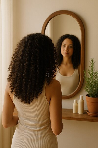 imagen generada por IA de una mujer con cabello rizado observando su reflejo en un espejo, para desmitificar que el cabello rizado crece mas lento