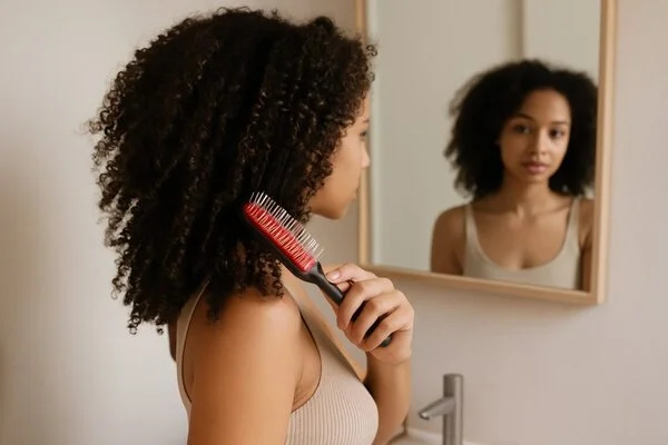 imagen generada por IA – mujer con rizos tipo 3 o 4 peinando su melena con cepillo tipo Denman frente a espejo, en baño neutro con luz natural