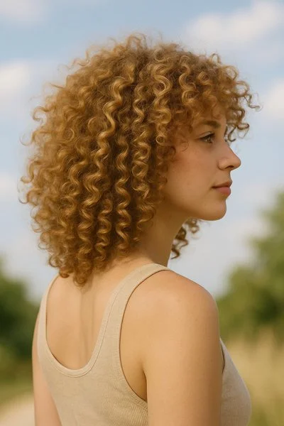 imagen generada por IA mujer con cloud curls en casa, rizos sueltos con volumen y textura esponjosa, fondo natural y luz suave