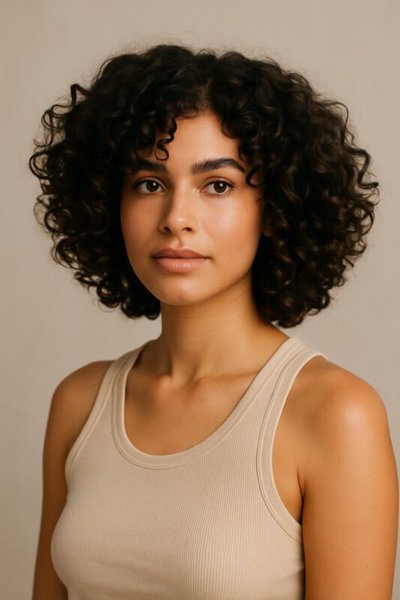 imagen generada por IA de una mujer con curly bob con rizos definidos y volumen natural