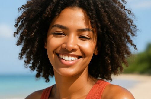 imagen generada por IA de una mujer con cabello rizado definido en la playa, disfrutando del verano sin frizz