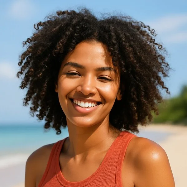 imagen generada por IA de una mujer con cabello rizado definido en la playa, disfrutando del verano sin frizz