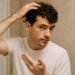 imagen generada por IA de un hombre con cabello rizado aplicando producto frente al espejo, en un baño con luz cálida, siguiendo el método Curly
