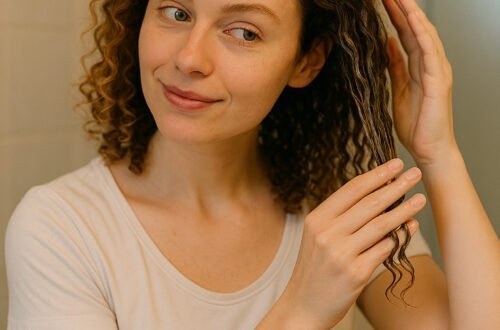 imagen generada por IA de una mujer con cabello rizado en transición capilar aplicando crema frente al espejo, representando el método Curly