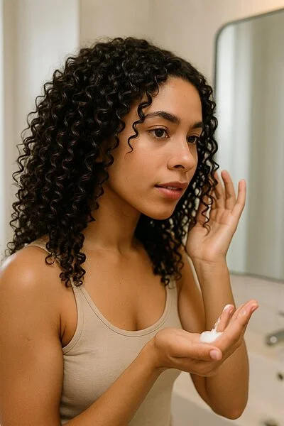 imagen generada por IA de mujer aplicando rutina cabello 3C Curly con rizos definidos y volumen natural