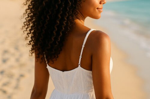 imagen generada por IA de una mujer con rizos definidos caminando por la playa con un vestido blanco ibicenco, representando una rutina curly ligera en verano