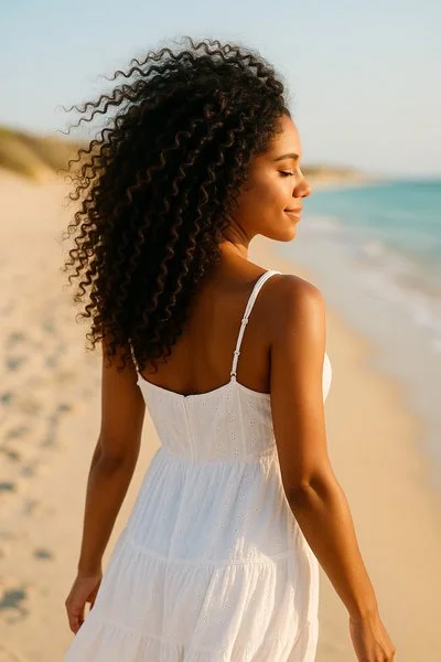 imagen generada por IA de una mujer con rizos definidos caminando por la playa con un vestido blanco ibicenco, representando una rutina curly ligera en verano