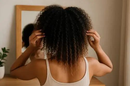 generada por ia mujer con cabello rizado en transición, mostrando raíces definidas y puntas alisadas, frente al espejo en entorno cálido