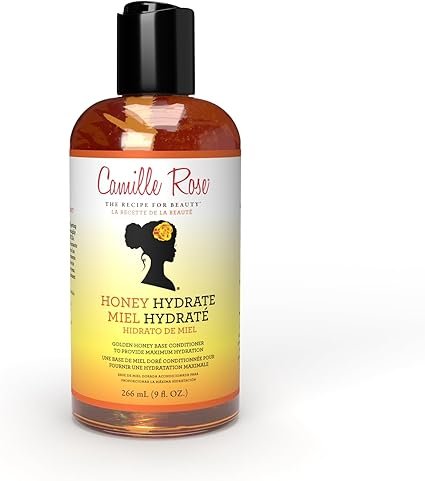 Leave-in Camille Rose Honey Hydrate, paso esencial en rutina cabello tipo 4C para sellar hidratación.