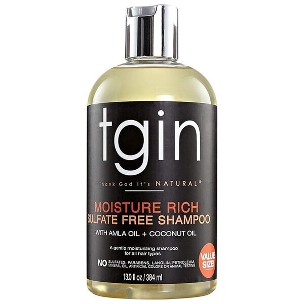 Champú sin sulfatos TGIN Moisture Rich para rutina cabello tipo 4C, limpieza suave e hidratante.