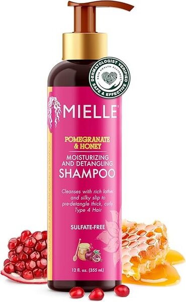 Mielle Organics Pomegranate & Honey Shampoo usado en rutina cabello tipo 4A para limpiar con suavidad y conservar la hidratación.