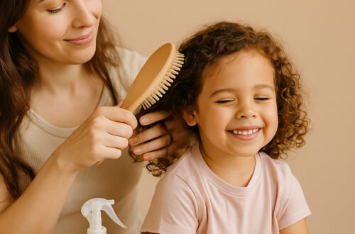 imagen generada por IA – madre enseñando como desenradar con cuidado el cabello rizado de su hija pequeña