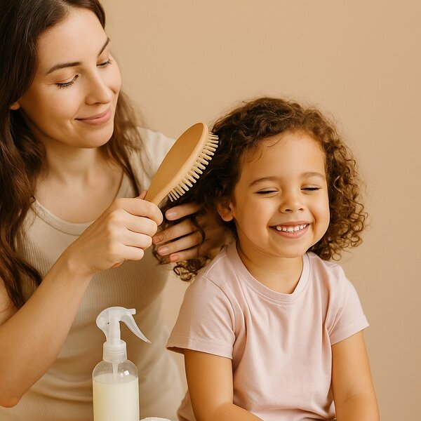 imagen generada por IA – madre enseñando como desenradar con cuidado el cabello rizado de su hija pequeña