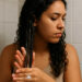 imagen generada por IA mujer aplicando leave in en el cabello rizado, ilustrando errores comunes en la rutina curly