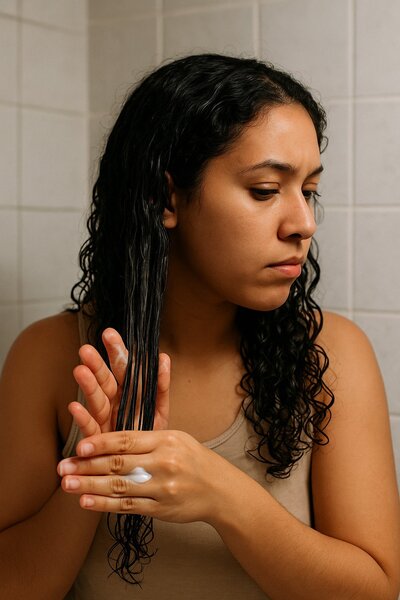 imagen generada por IA mujer aplicando leave in en el cabello rizado, ilustrando errores comunes en la rutina curly