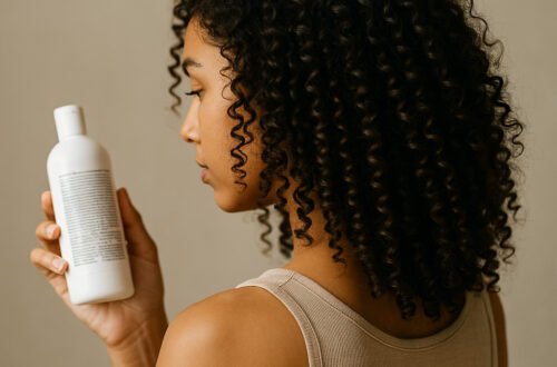 imagen generada por IA de una mujer con rizos definidos analizando un producto representando la gama Ísima en el método Curly