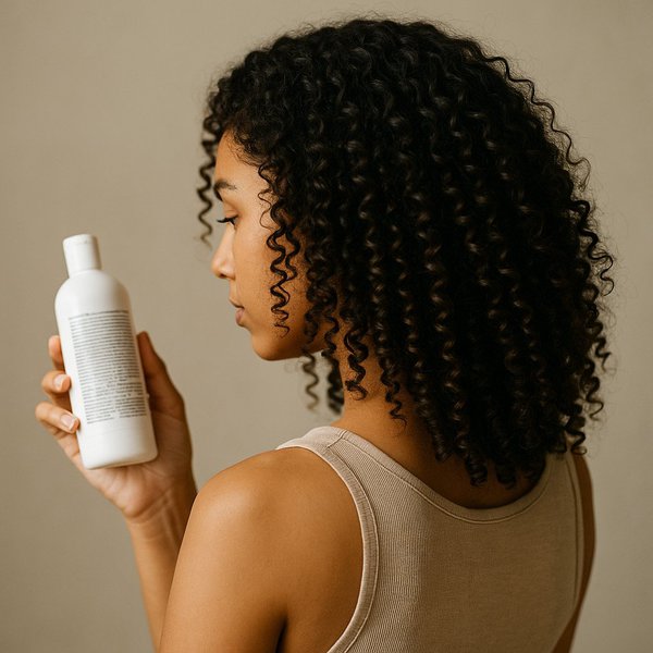 imagen generada por IA de una mujer con rizos definidos analizando un producto representando la gama Ísima en el método Curly