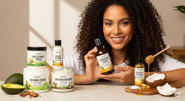 imagen generada por IA de Mujer con cabello rizado mostrando productos para hidratar y definir rizos