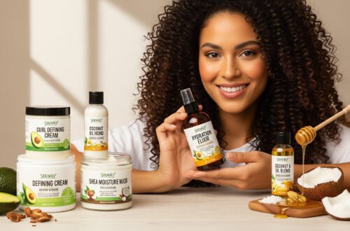imagen generada por IA de Mujer con cabello rizado mostrando productos para hidratar y definir rizos
