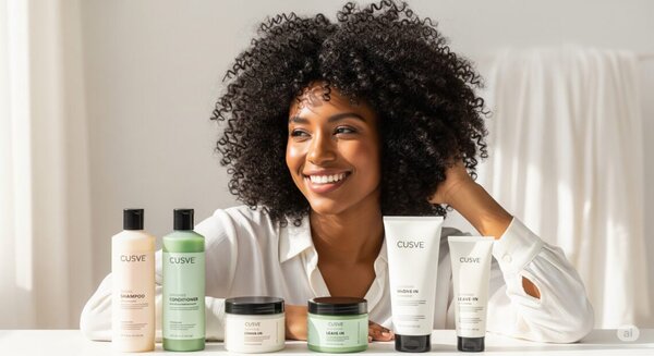 imagen generada por ia de Mujer con cabello tipo 4C junto a productos capilares, ilustrando la rutina cabello tipo 4C del método Curly paso a paso