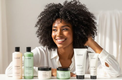 imagen generada por ia de Mujer con cabello tipo 4C junto a productos capilares, ilustrando la rutina cabello tipo 4C del método Curly paso a paso