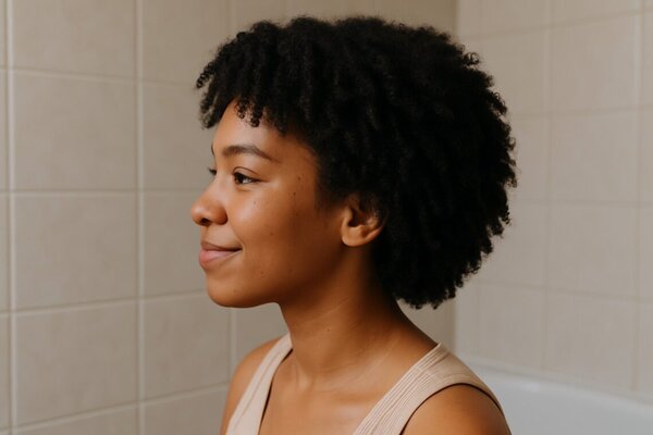 imagen generada por IA mujer con cabello tipo 4B en perfil, en baño con azulejos beige, como parte de una rutina curly hidratante