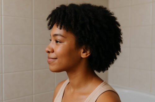 imagen generada por IA mujer con cabello tipo 4B en perfil, en baño con azulejos beige, como parte de una rutina curly hidratante