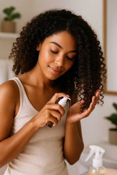 imagen generada por IA mujer aplicando aceite sobre rizos definidos, en rutina LOC para cabello rizado
