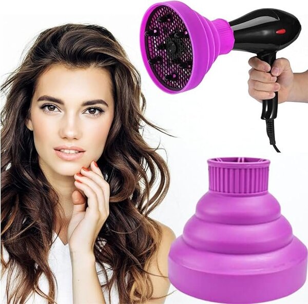 imagen de difusor universal de silicona plegable en color negro, apto para secadores y método Curly