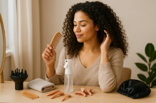 imagen generada por IA de mujer con cabello rizado definida con accesorios para el método curly, todos organizados sobre la mesa, en ambiente cálido y luminoso.
