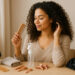 imagen generada por IA de mujer con cabello rizado definida con accesorios para el método curly, todos organizados sobre la mesa, en ambiente cálido y luminoso.