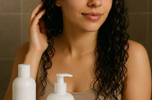 imagen generada por IA de una mujer joven con cabello rizado mojado aplicando productos del método curly barato