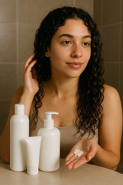 imagen generada por IA de una mujer joven con cabello rizado mojado aplicando productos del método curly barato