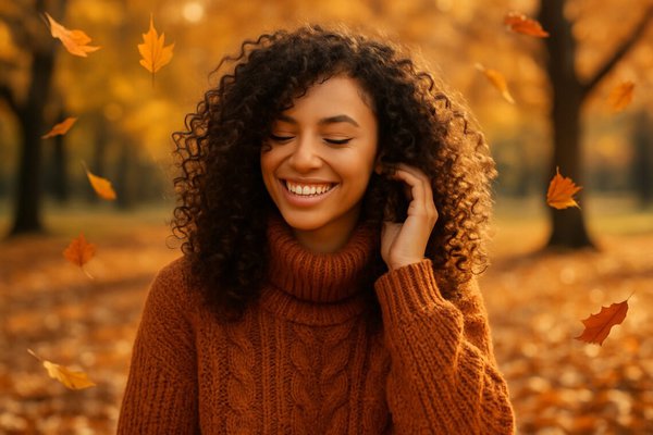 imagen generada por IA de mujer joven con cabello rizado definido, sonriendo tras su rutina curly en otoño