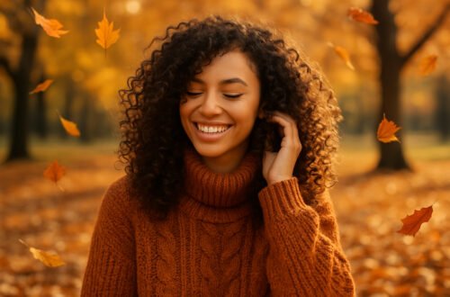 imagen generada por IA de mujer joven con cabello rizado definido, sonriendo tras su rutina curly en otoño